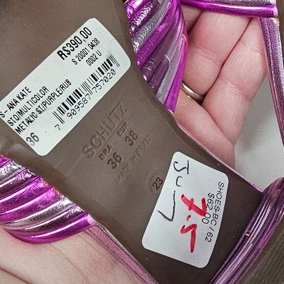 Schutz Metallic Quilted Anna Kate Peep Toe Block‎ Heel BARBIE Sandals Women's 36 - Picture 7 of 12